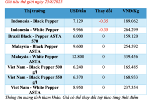 Giá tiêu hôm nay 25/8/2025: Một số địa phương tăng nhẹ