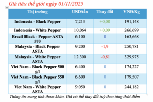 Giá tiêu hôm nay 01/11/2025: Tăng thêm 1.000 đồng/kg