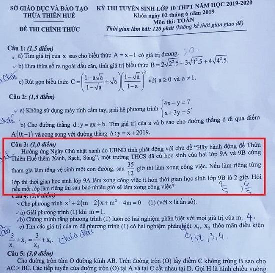 Đề thi môn Toán, Kỳ thi tuyển sinh vào lớp 10 THPT năm học 2019 – 2020 đã lấy cảm hứng từ phong trào Chủ nhật xanh.