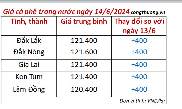 Giá cà phê hôm nay ngày 14/6/2024: Giá cà phê trong nước Giá cà phê hôm nay ngày 14/6/2024: Giá cà phê trong nước