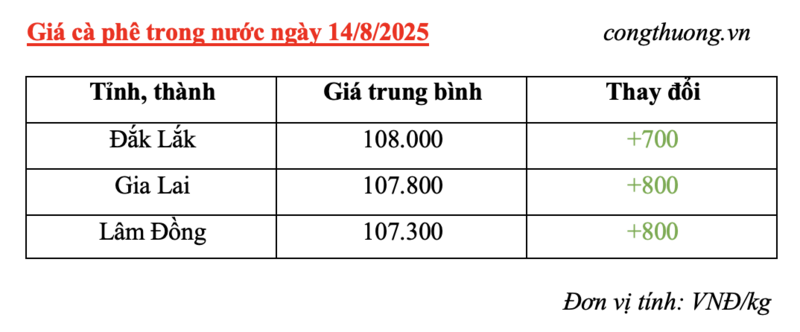 Bảng giá cà phê trong nước sáng ngày 14/8/2025
