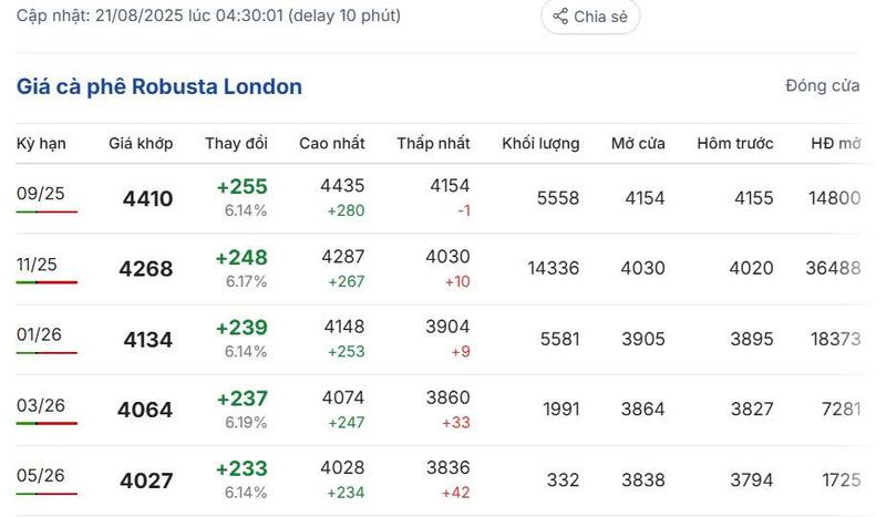 Giá cà phê Robusta London sáng ngày 21/8/2025
