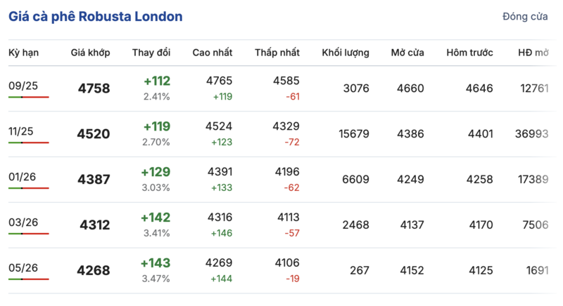 Giá cà phê Robusta London sáng ngày 22/8/2025