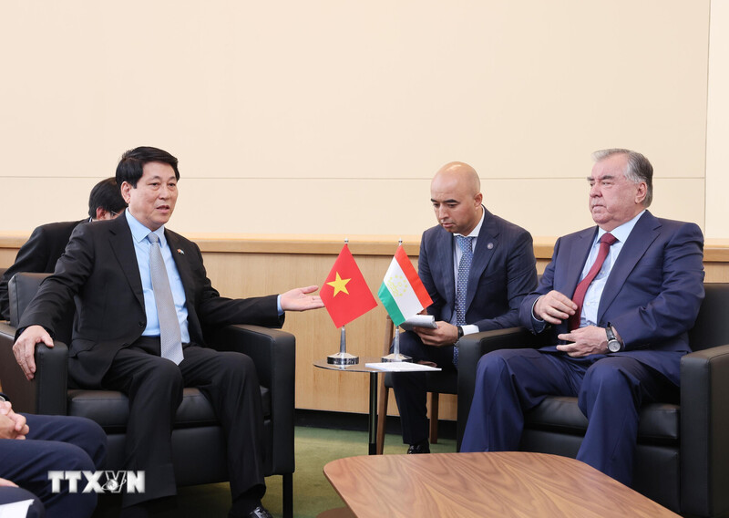 Chủ tịch nước Lương Cường gặp Tổng thống Tajikistan bên lề Phiên Thảo luận chung cấp cao Đại hội đồng Liên hợp quốc Khóa 80. Ảnh: Lâm Khánh/TTXVN.