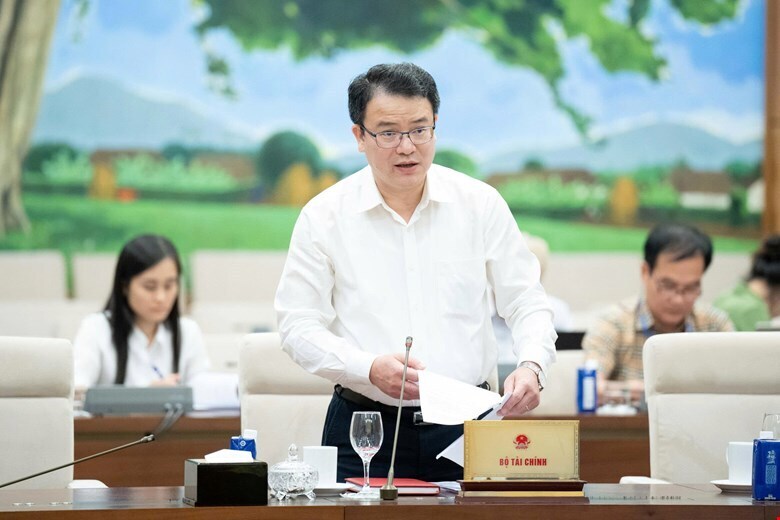 Thứ trưởng Bộ Tài chính Trần Quốc Phương trình bày Tờ trình tại phiên họp. Ảnh: VPQH