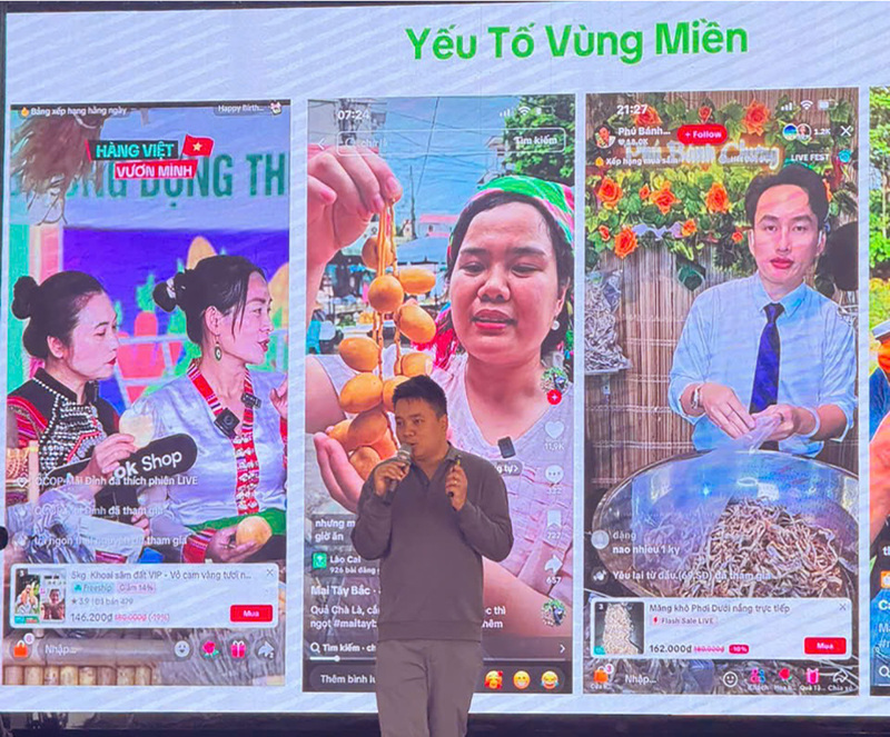 Anh Nguyễn Minh Tuân, nhà bán hàng Chiếu Cói Thân Vui, nhà bán hàng tiêu biểu của Vườn Ươm OCOP chia sẻ những kiến thức, kinh nghiệm thiết thực về việc định hướng, xác định giá trị bản thân khi xây dựng thương hiệu trên nền tảng số. Ảnh: Anh Thơ