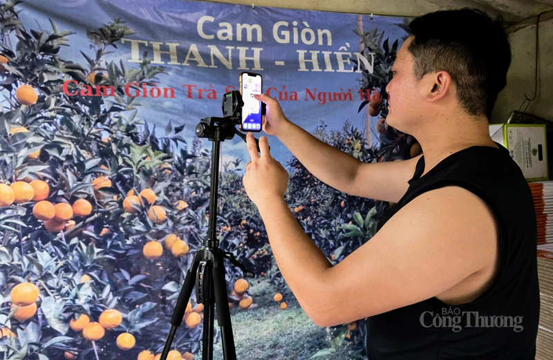 Anh Định chuẩn bị các góc máy cho buổi livestream bán cam ngay tại vườn đồi. Ảnh: Trọng Tùng